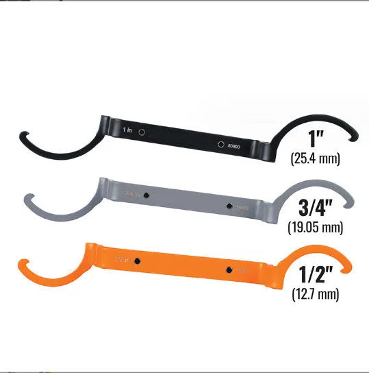 Three wrench set showing orange crescent, grey magnetic suction and black catheter locking designs with H251 model marking
