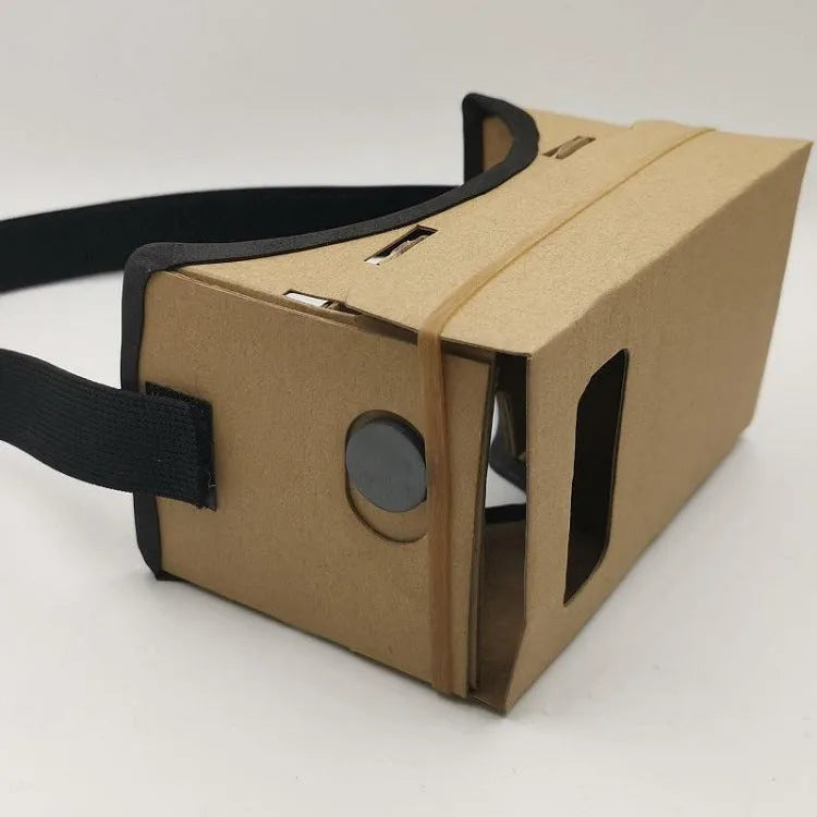 Pink and white VR cardboard glasses viewer for smartphones with adjustable head strap.