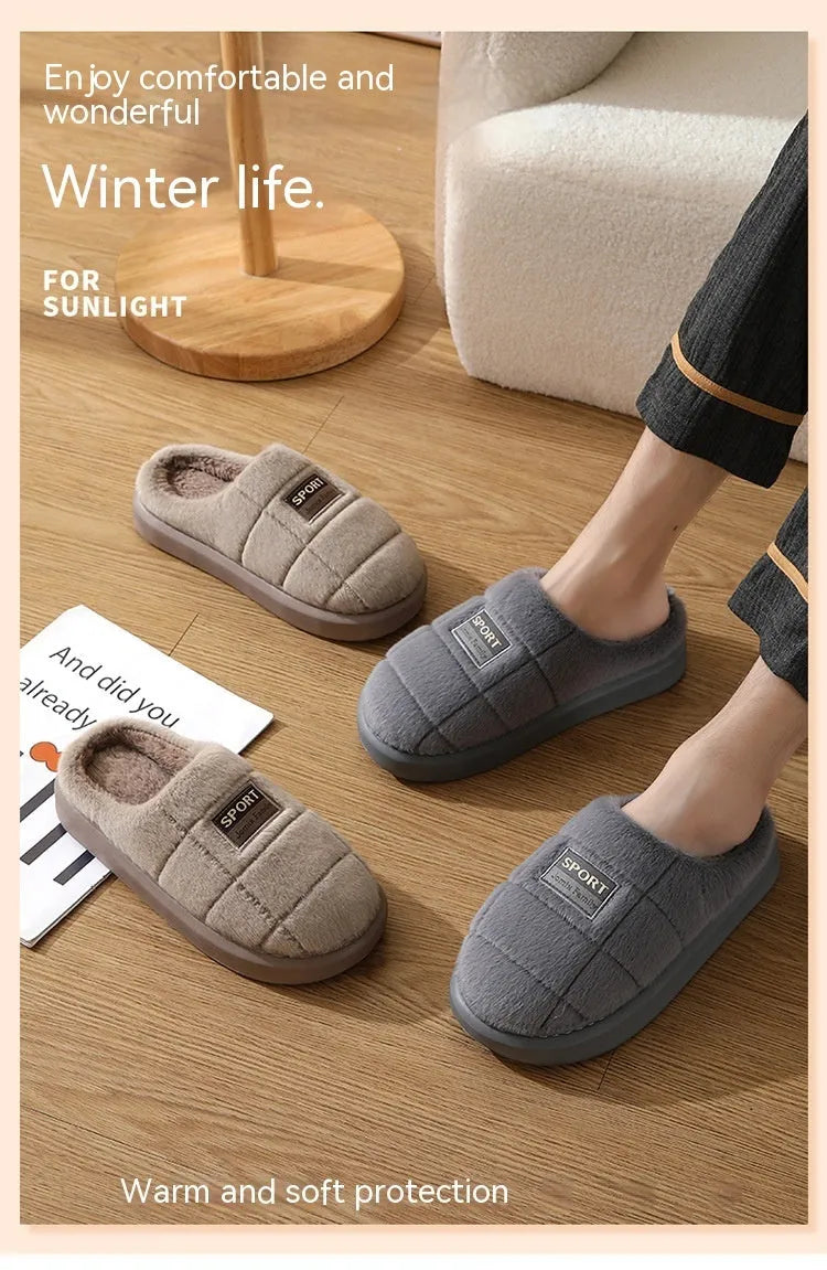 Men's grey and brown plaid rabbit hair winter slippers with wool lining