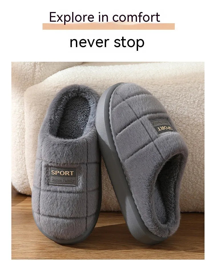 Men's grey and brown plaid rabbit hair winter slippers with wool lining