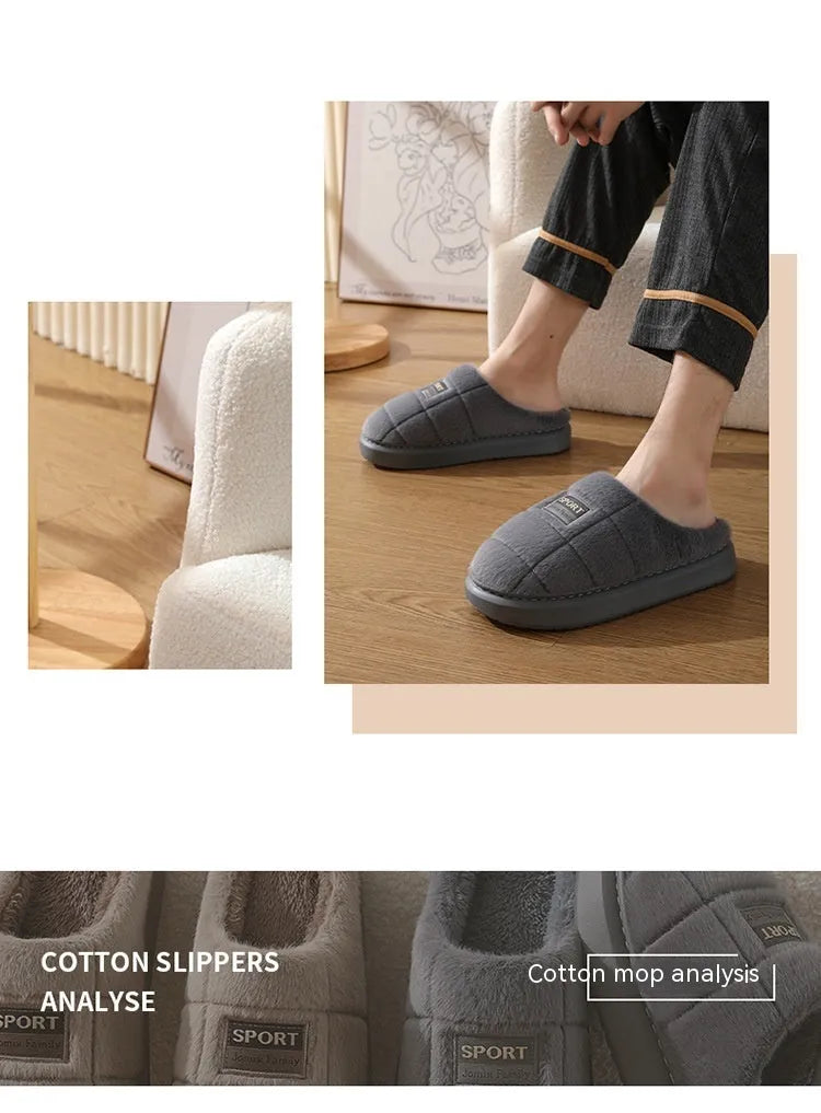 Men's grey and brown plaid rabbit hair winter slippers with wool lining