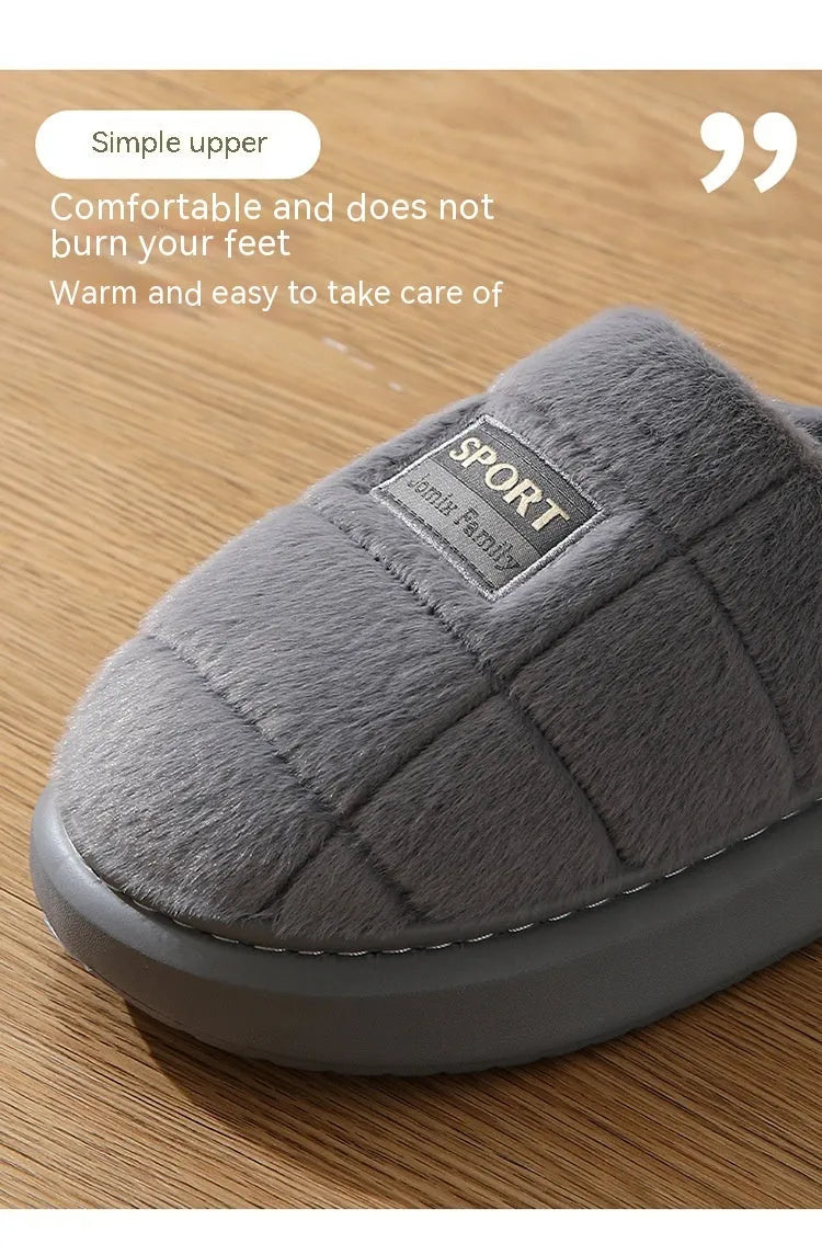 Men's grey and brown plaid rabbit hair winter slippers with wool lining