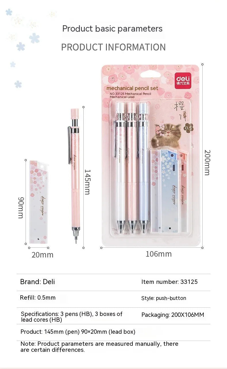 Cartoon style automatic pencil set with 0.5mm HB lead, three pencils and three refill boxes