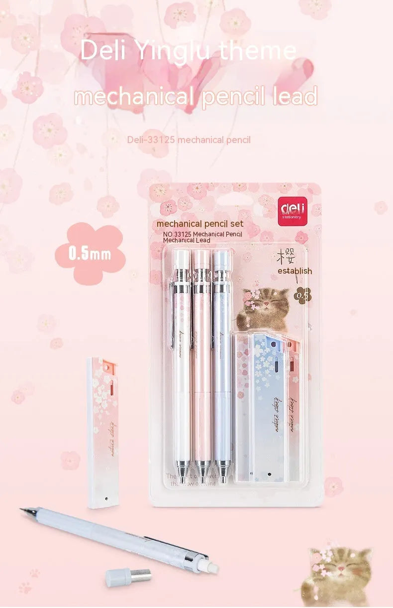 Cartoon style automatic pencil set with 0.5mm HB lead, three pencils and three refill boxes
