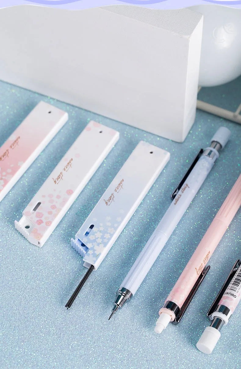 Cartoon style automatic pencil set with 0.5mm HB lead, three pencils and three refill boxes