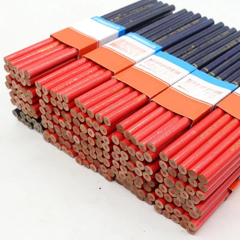 Pack of 10 red and blue two-colour wooden carpenter pencils for marking.