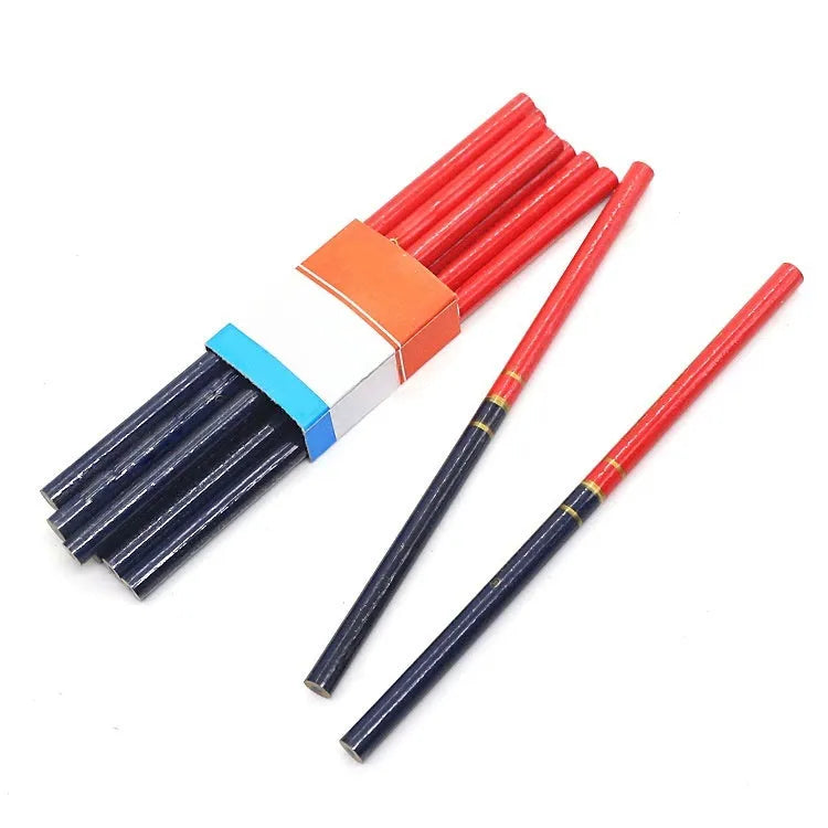 Pack of 10 red and blue two-colour wooden carpenter pencils for marking.