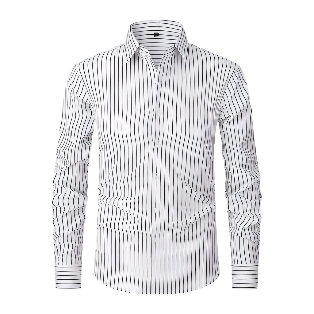Men's slim fit striped long sleeve formal shirt in ice silk polyester blend for office wear.