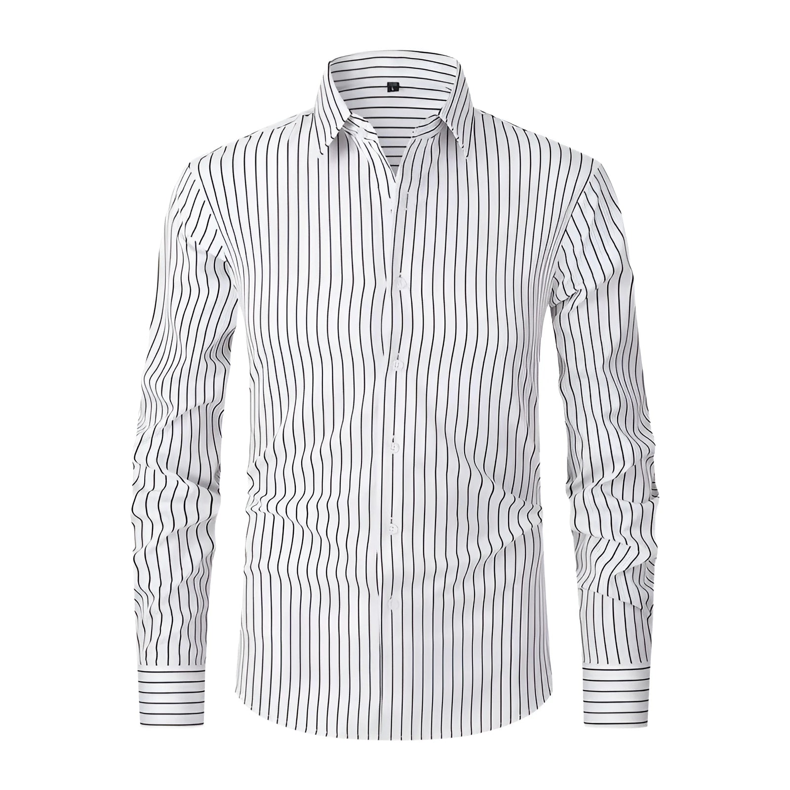 Men's slim fit striped long sleeve formal shirt in ice silk polyester blend for office wear.
