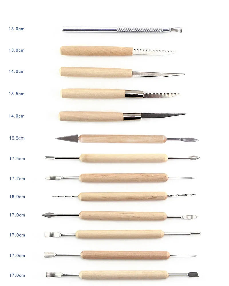 27-piece pottery tool set with stainless steel sculptors and wood tools rolled in a brown package.