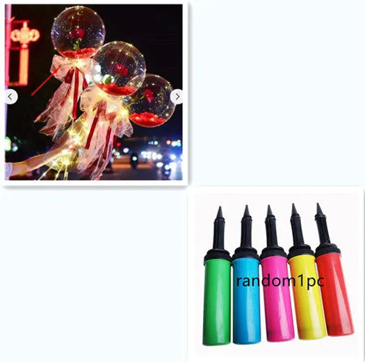 Transparent LED luminous balloon rose bouquet with artificial flowers and integrated lights for party decoration.