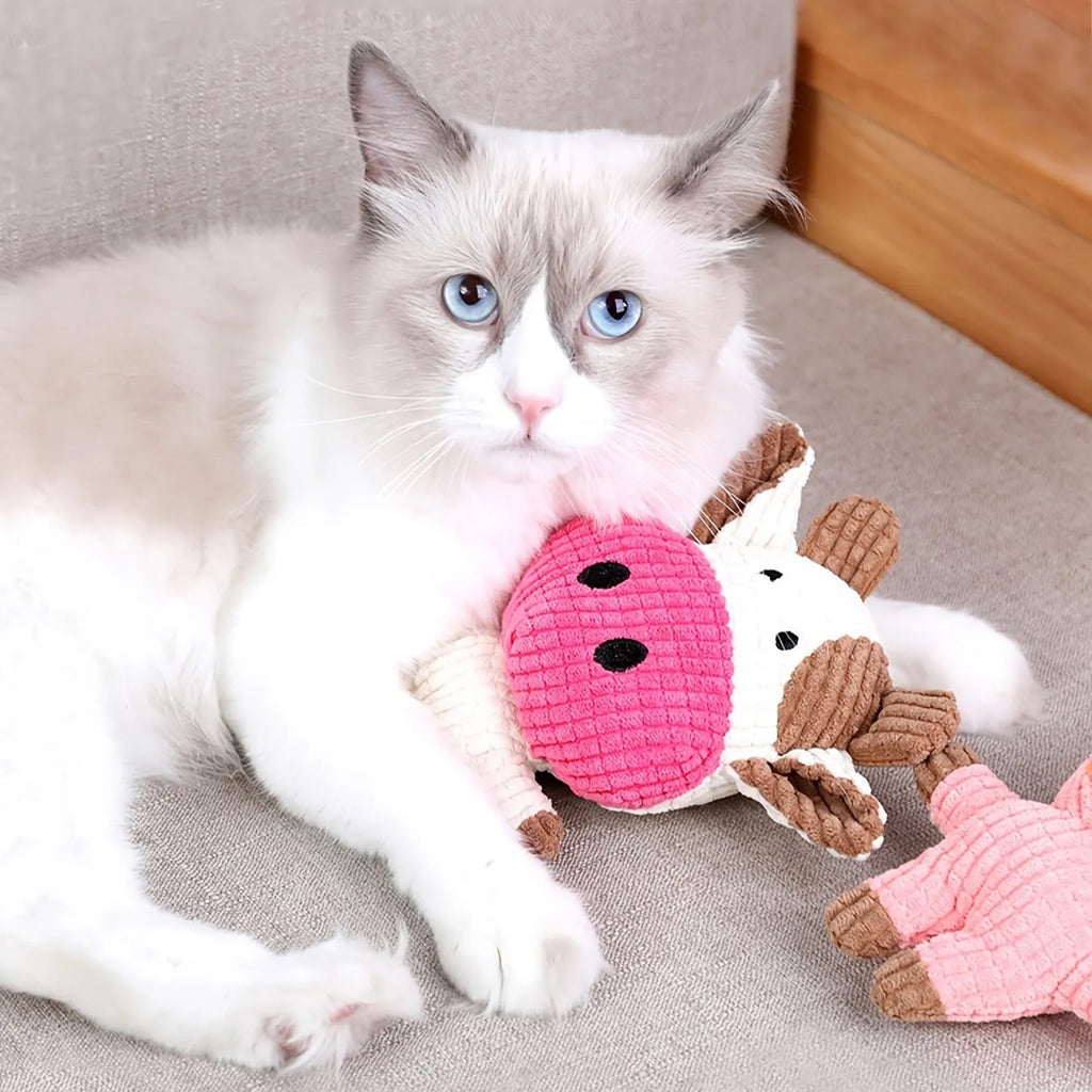 Animal-shaped plush dog chew toy with squeaker, available in multiple colours.