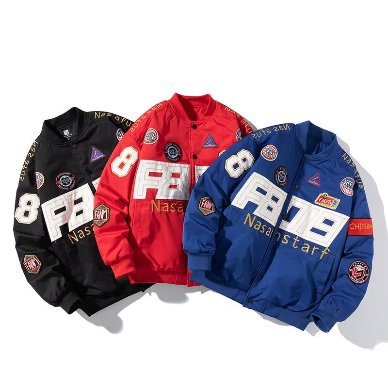 American style motorcycle baseball uniform jacket in black with removable hood and side pockets