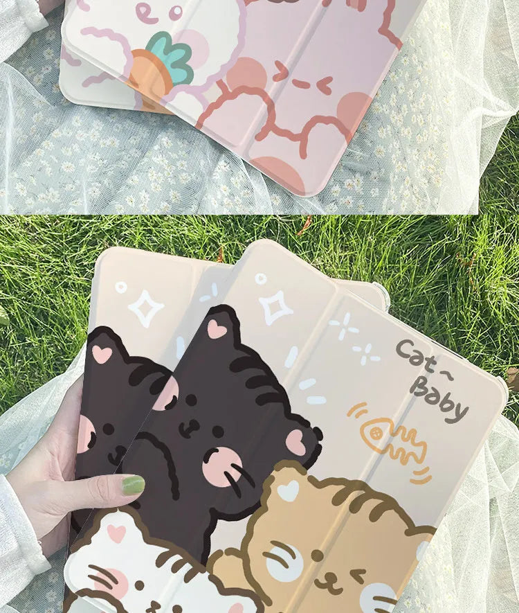 A flat, tri-fold silicone protective case for an iPad, shown in a cartoon rabbit pattern.