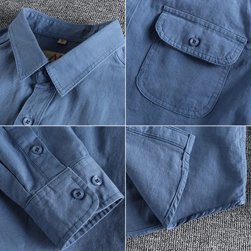 Men's white and light blue cotton long sleeve shirt in cardigan style