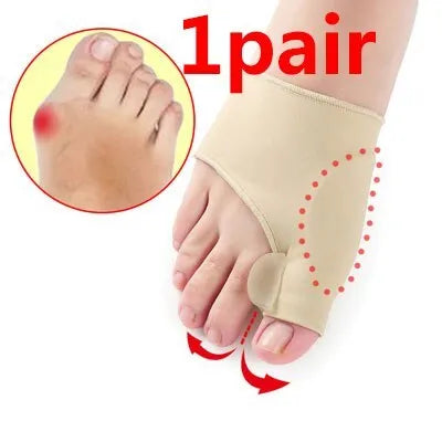 Corrective bunion sock with grey gel pad and silicone toe separator on a stretch fabric base.