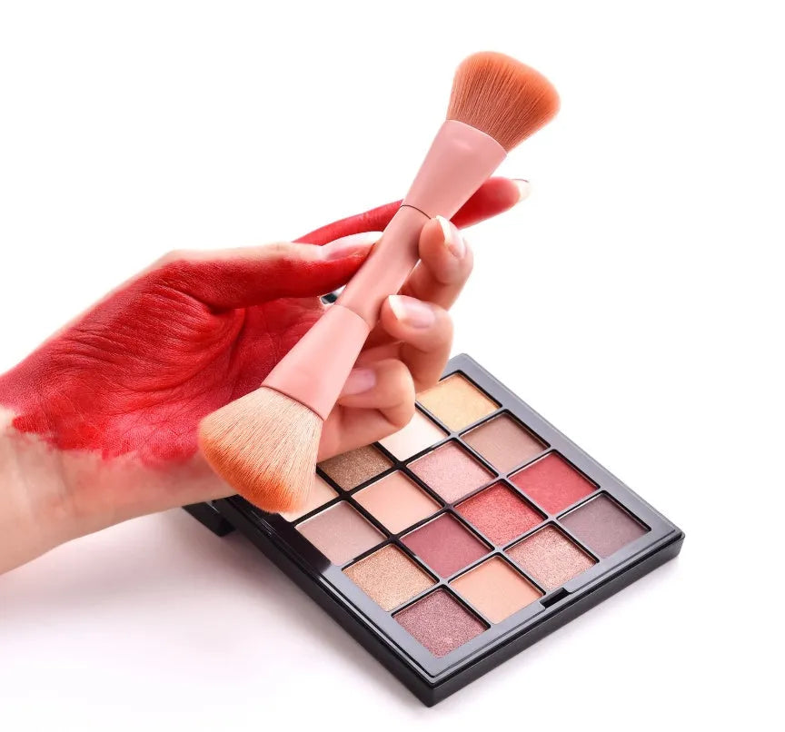 10 professional makeup brushes with wooden handles, including powder, foundation, and double-ended detail brushes.