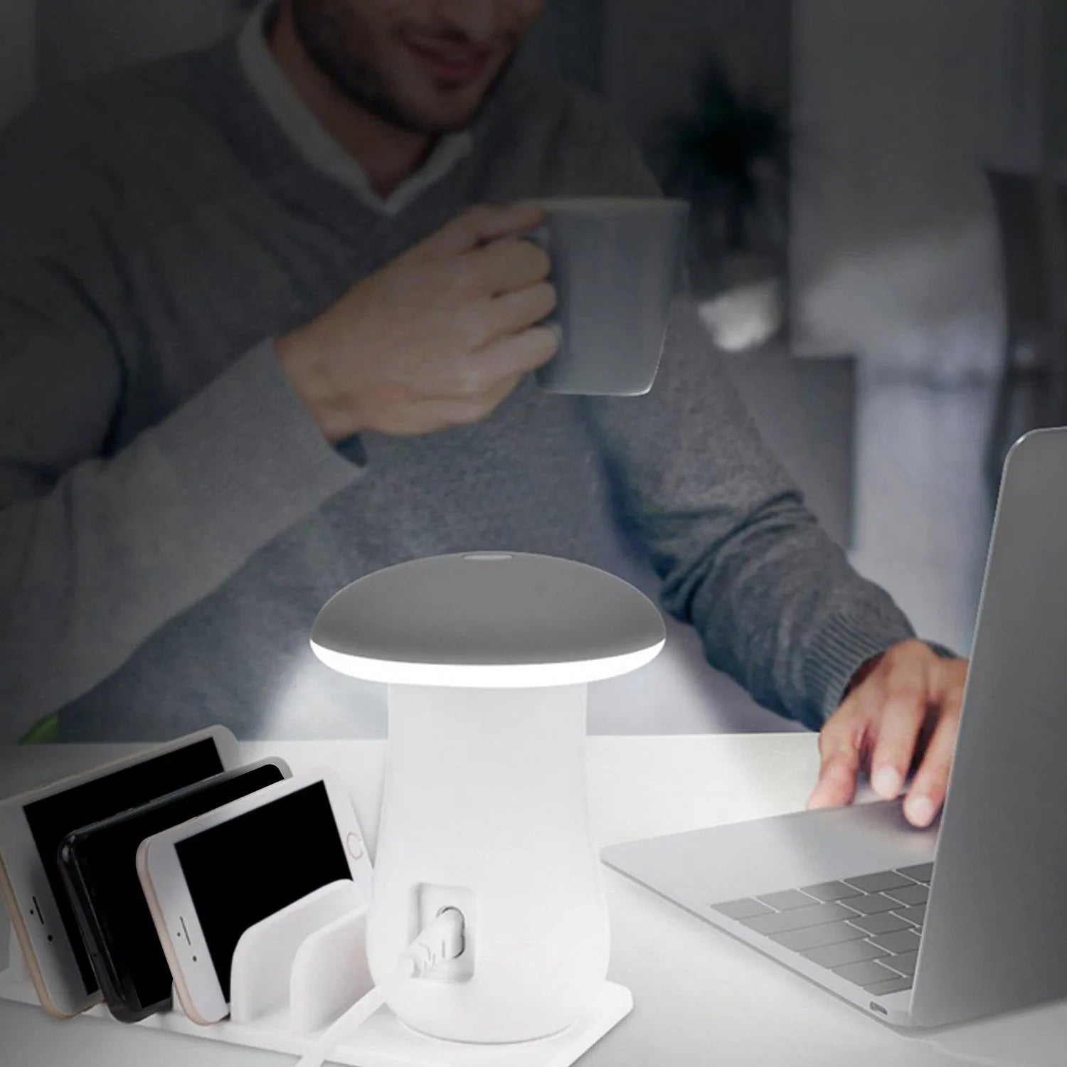 White mushroom LED desk lamp with 5-port USB charging dock station for phones and tablets