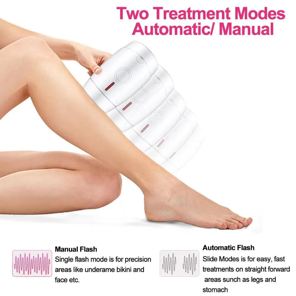 White home laser hair removal device with digital display and compact handheld design on a plain background.