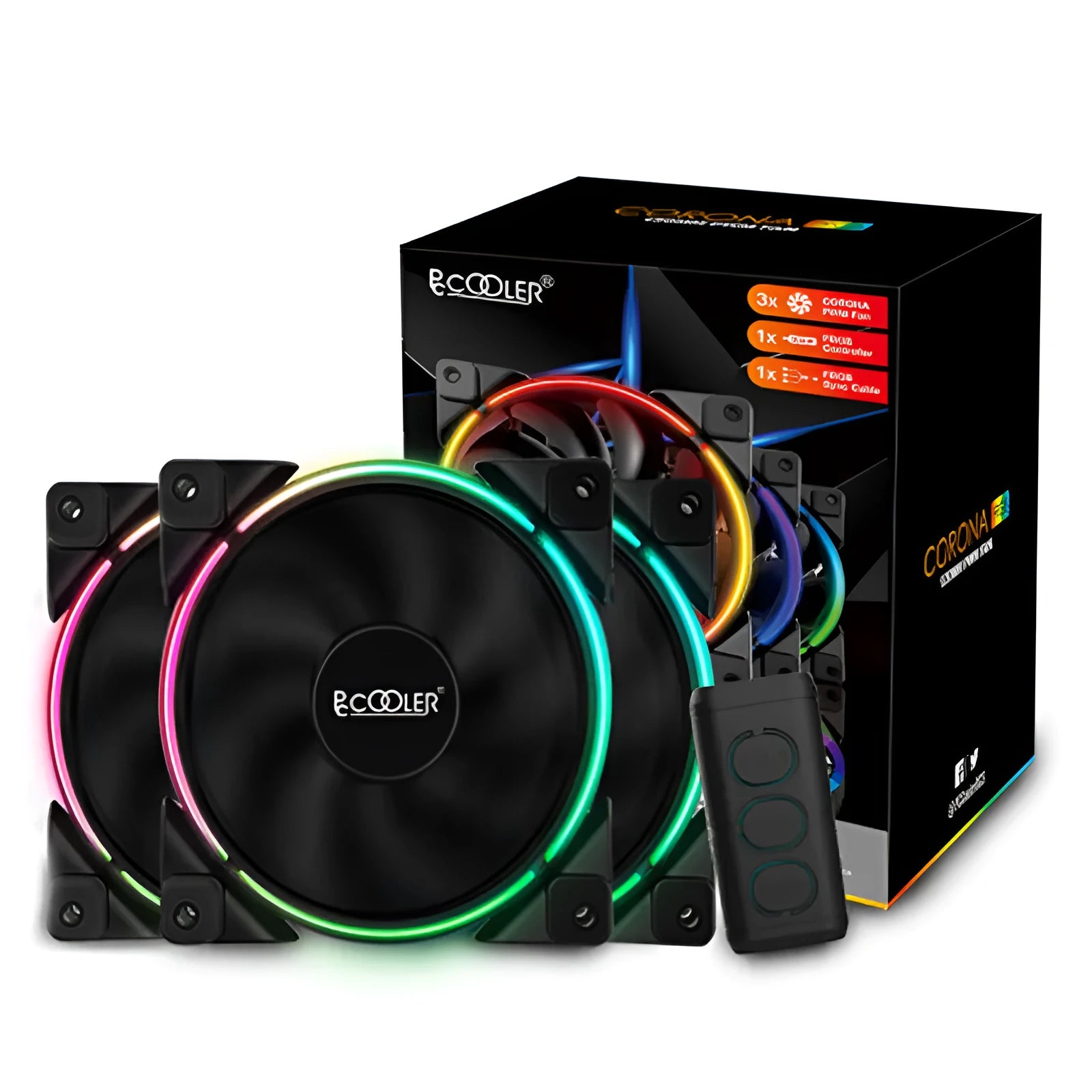 Three black 120mm RGB cooling fans for a PC case, showing illuminated blades.