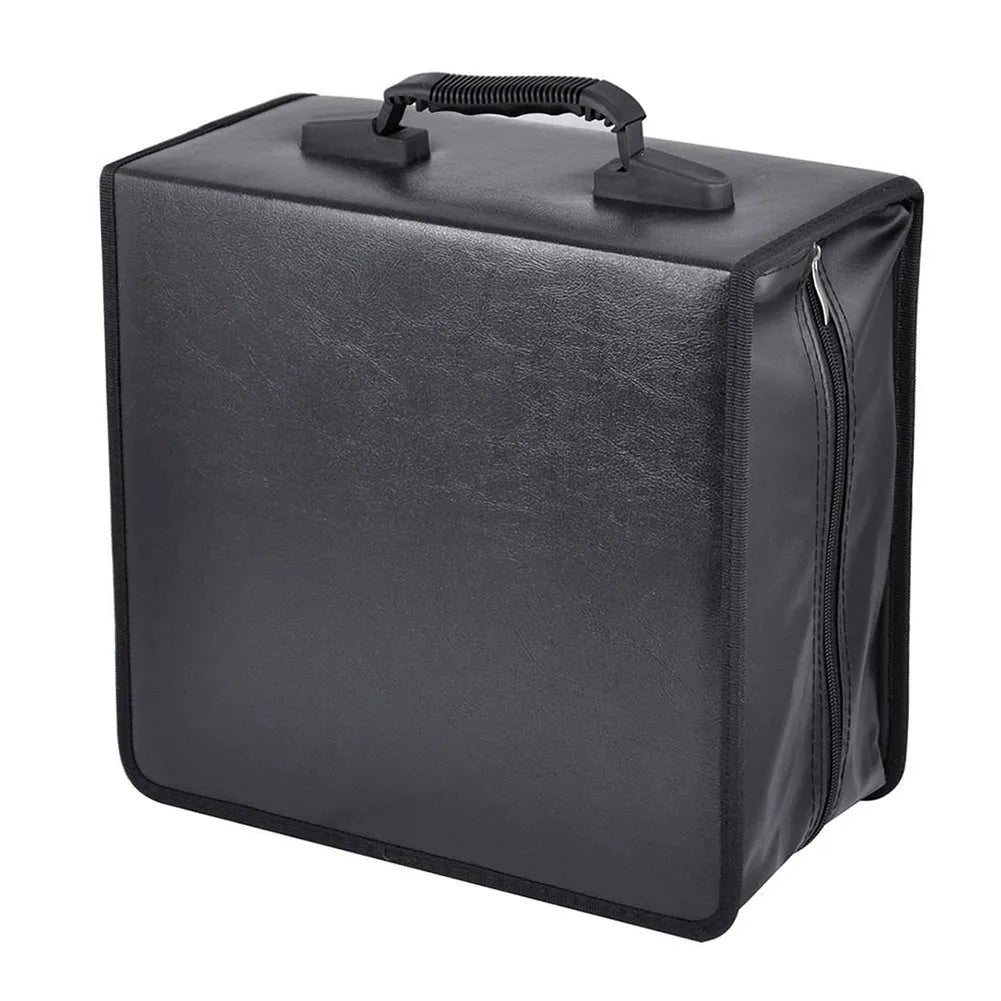 Black Oxford fabric CD storage binder case with a zipper and top hand strap.
