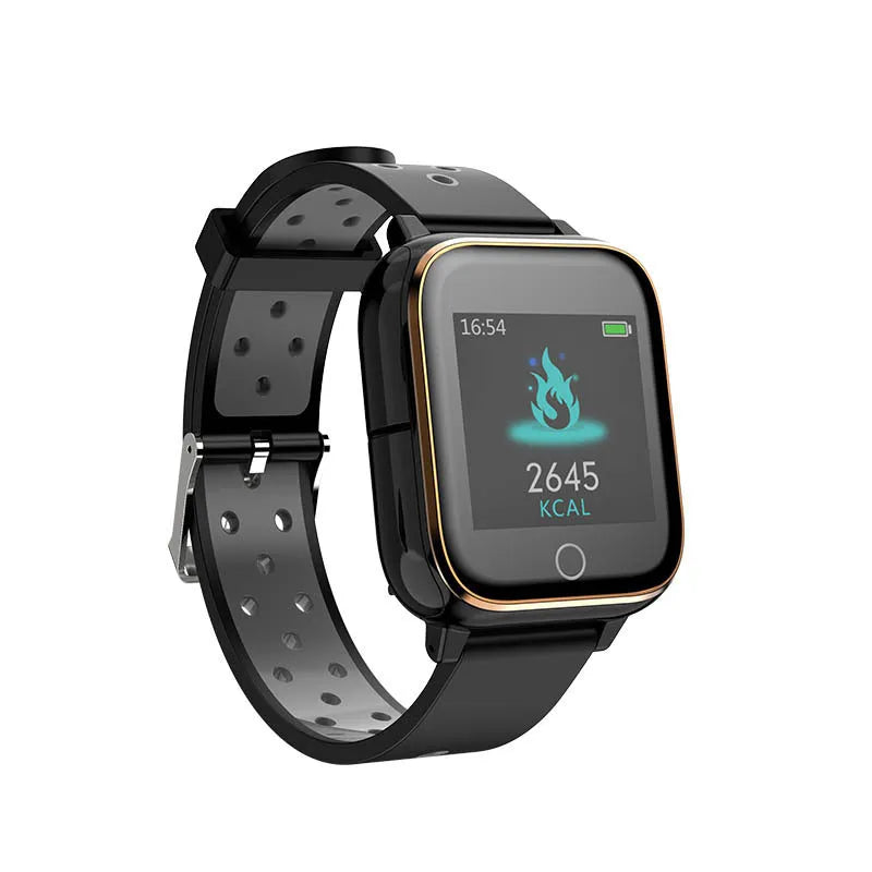 Black smart watch with integrated Bluetooth earbuds stored in watch case showing 1.4-inch display