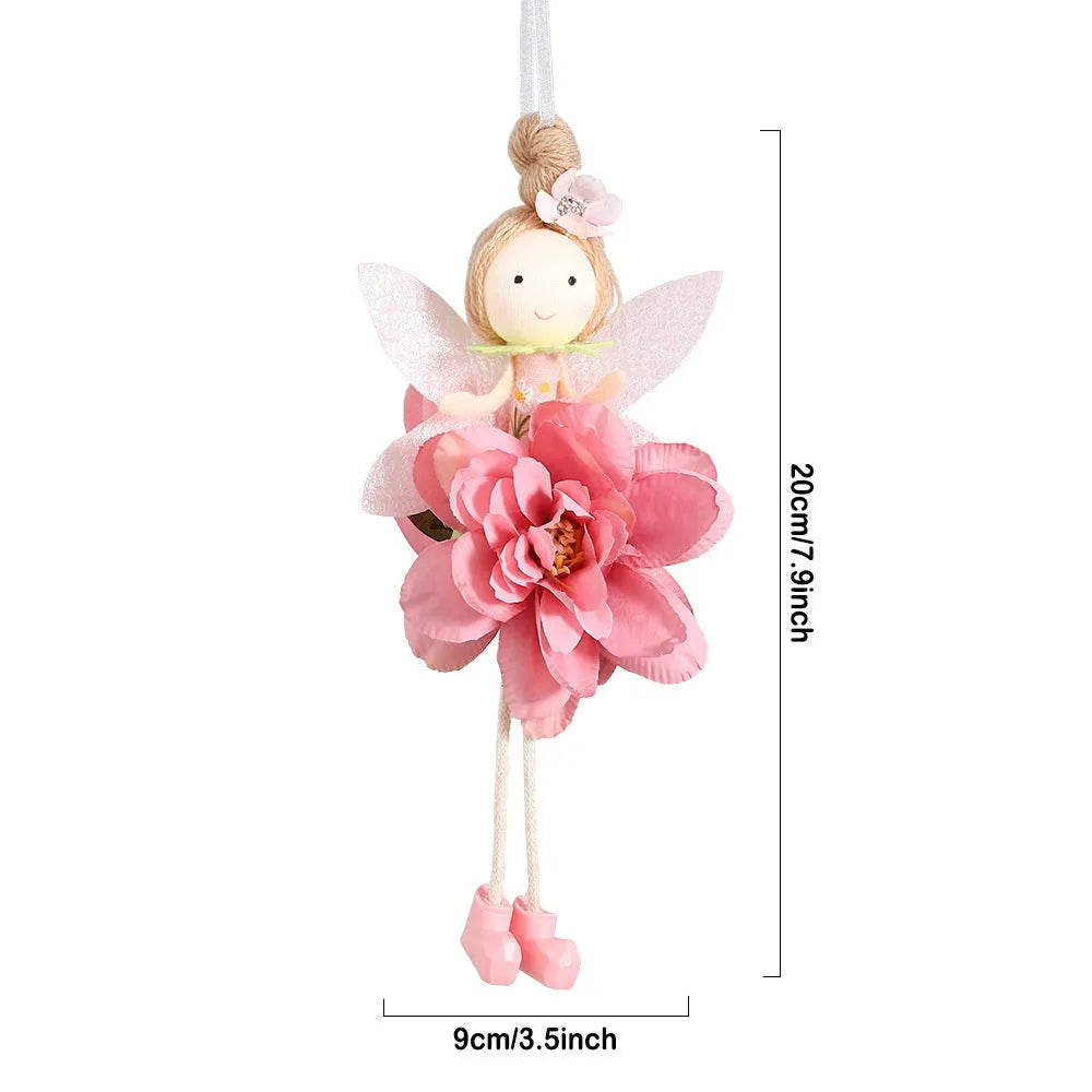 Cute cloth elf flower angel pendant for Easter decoration in dark pink, pink, green, and yellow colours.