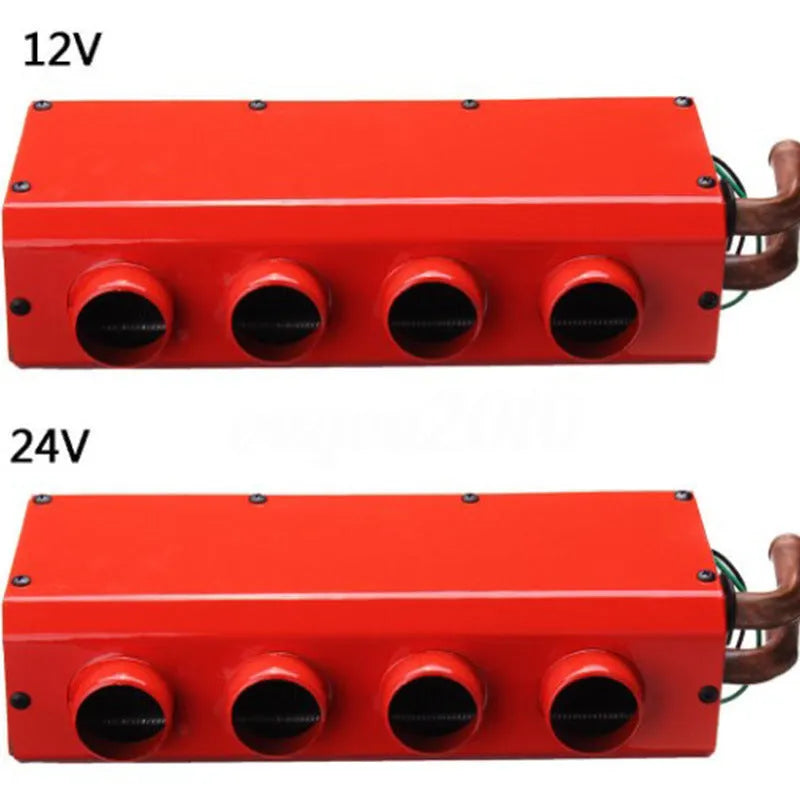 Small metal car heater core unit with copper pipes and electrical connections for 12V 24V installation.