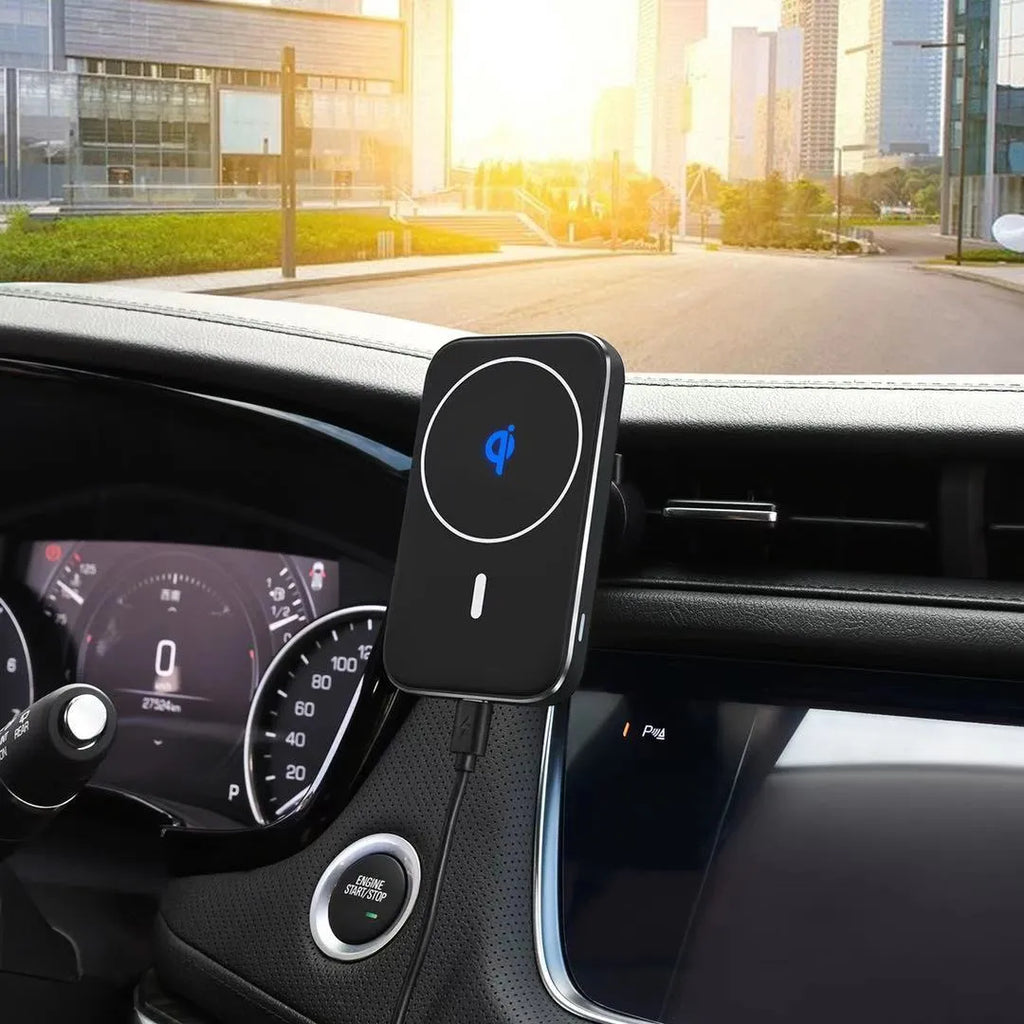 Black M6 magnetic wireless car charger mounted on vehicle dashboard with phone attached