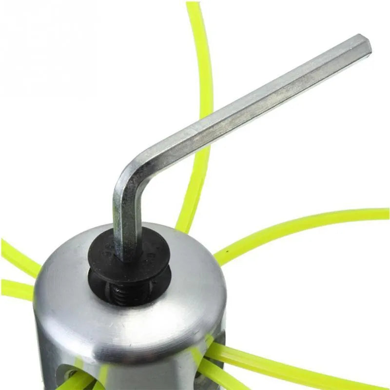 Silver aluminium Luzhu lawn mower grass head kit with four light yellow square cords and a wrench