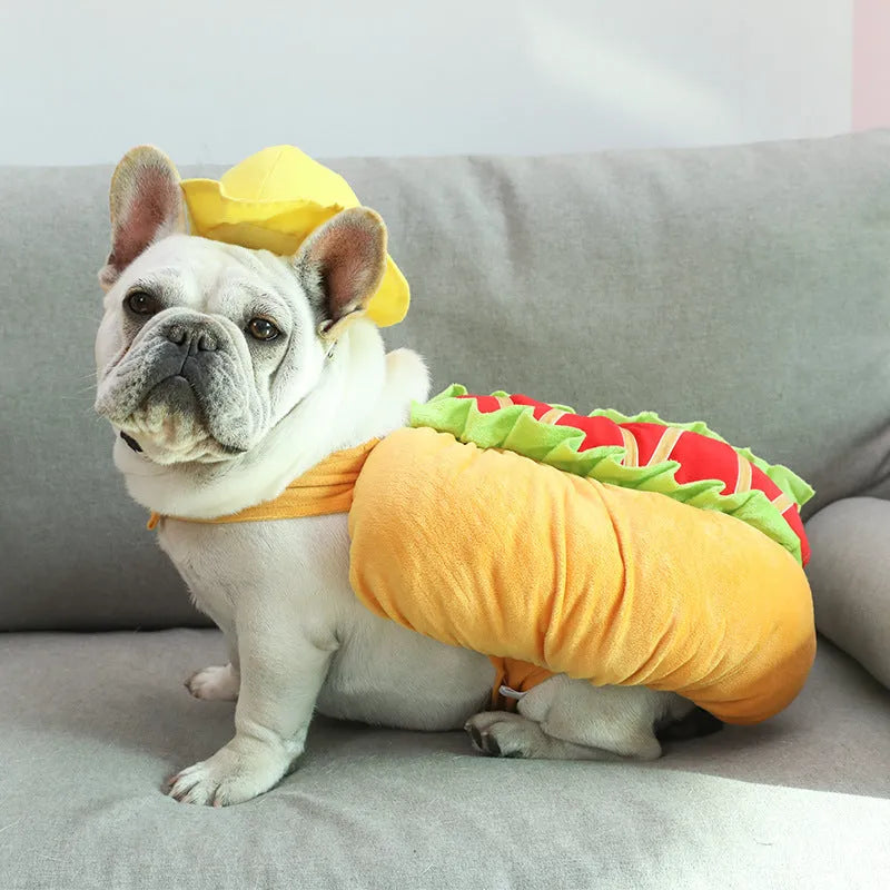 Yellow dog hot dog crossdress outfit, cotton synthetic fibre, one size, neck 57cm, length 27cm