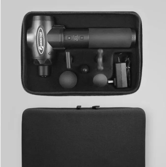 Black and white electric percussion massage gun for muscle relaxation on a grey background.