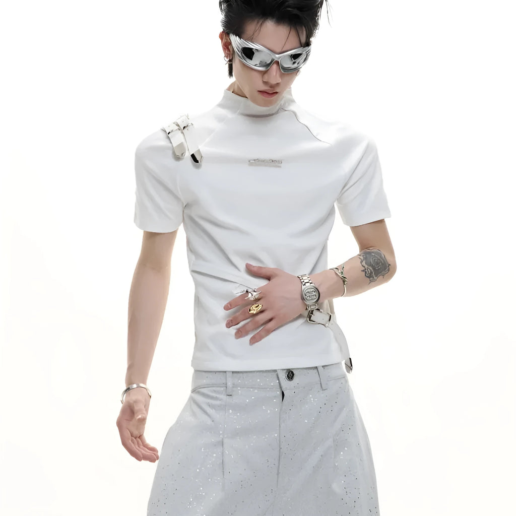 Men's black slim fit cotton T-shirt with metal belt detail on stand-up collar and short sleeves