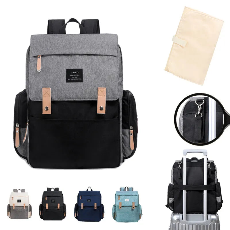 LAND Mommy large capacity diaper backpack in Oxford cloth with backpack straps and changing mat