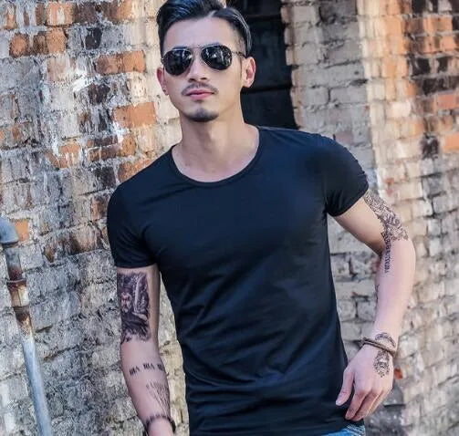 Men's solid colour bamboo fibre polyester t-shirt for summer, shown in multiple size and colour options.