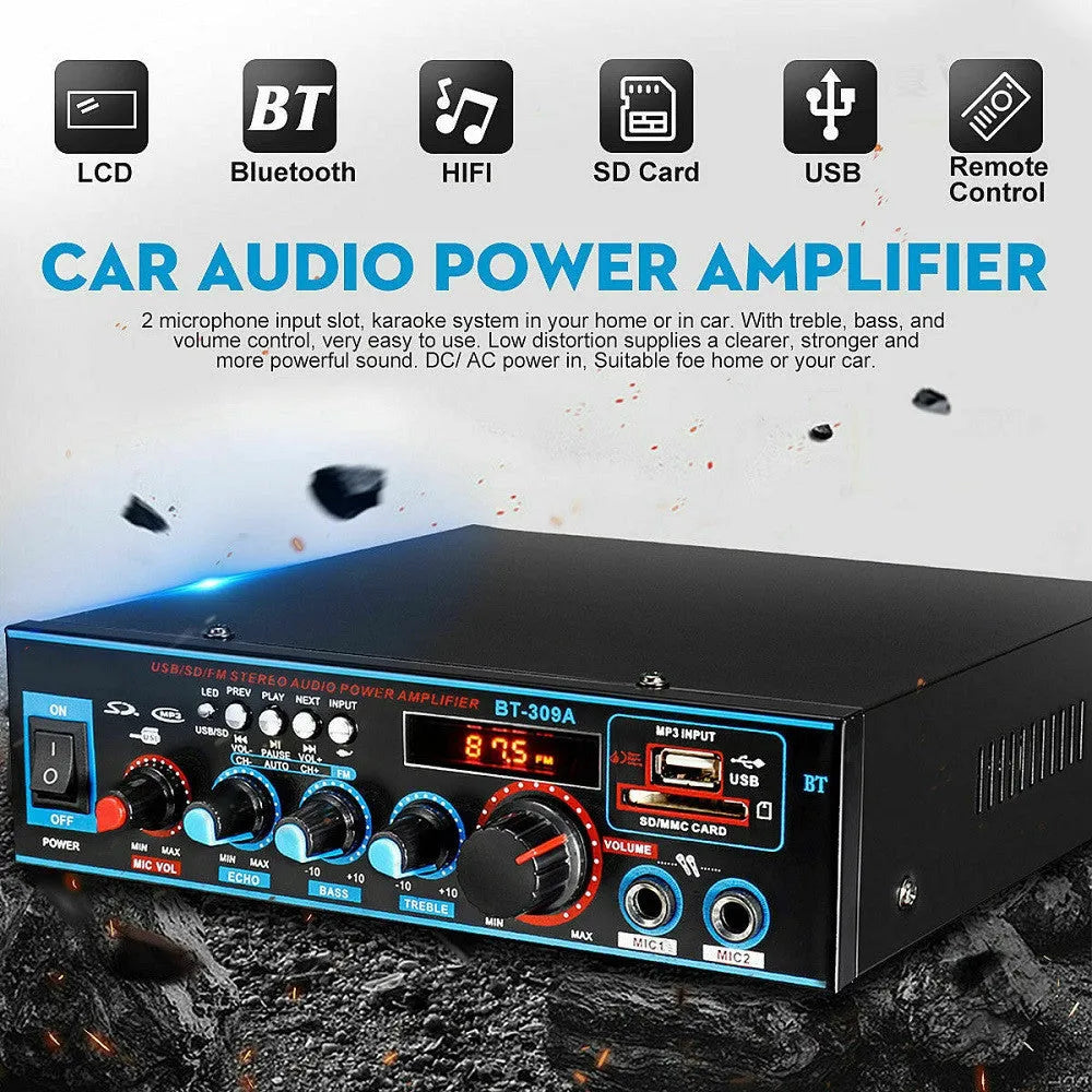 Black BT-309A-A dual-purpose power amplifier with Bluetooth, front panel controls, and wire clamp connections