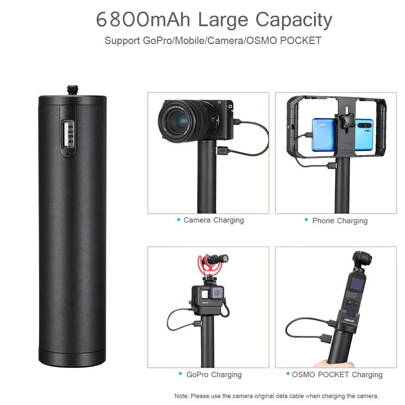 Black aluminium alloy power bank handle with 6800mAh capacity measuring 12.5cm long