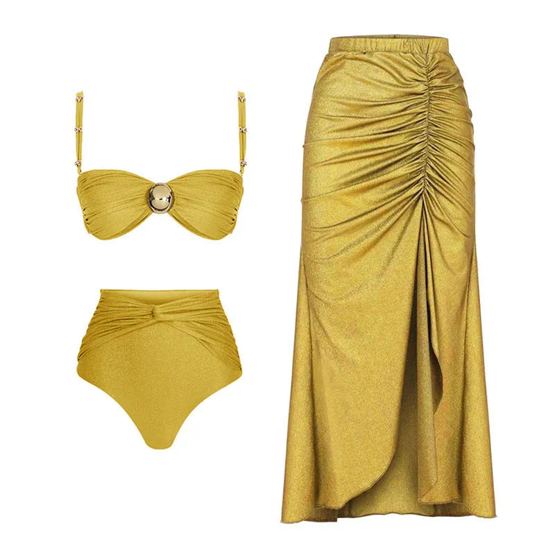 Yellow split colour high waist bikini swimsuit with separate top and bottom pieces