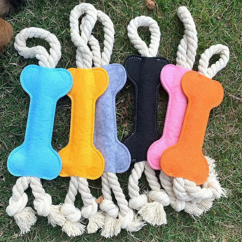 Felt bone shaped dog chew toy with rope knot texture in blue colour