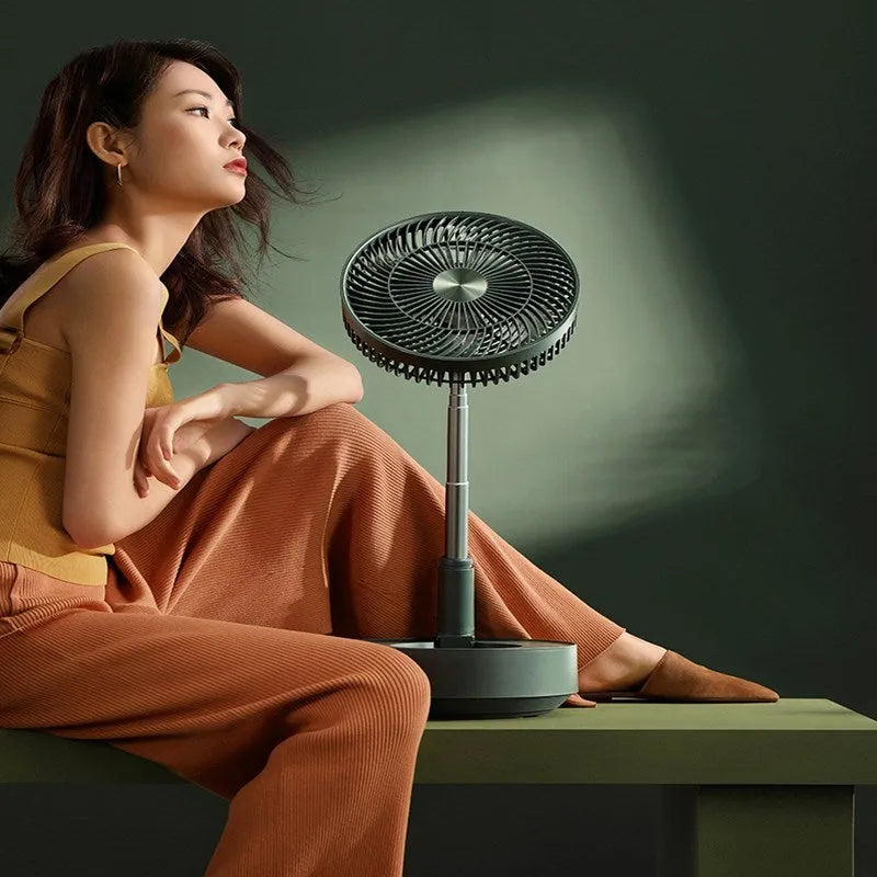 Green and white telescopic electric fan showing both desktop and extended floor-standing configurations