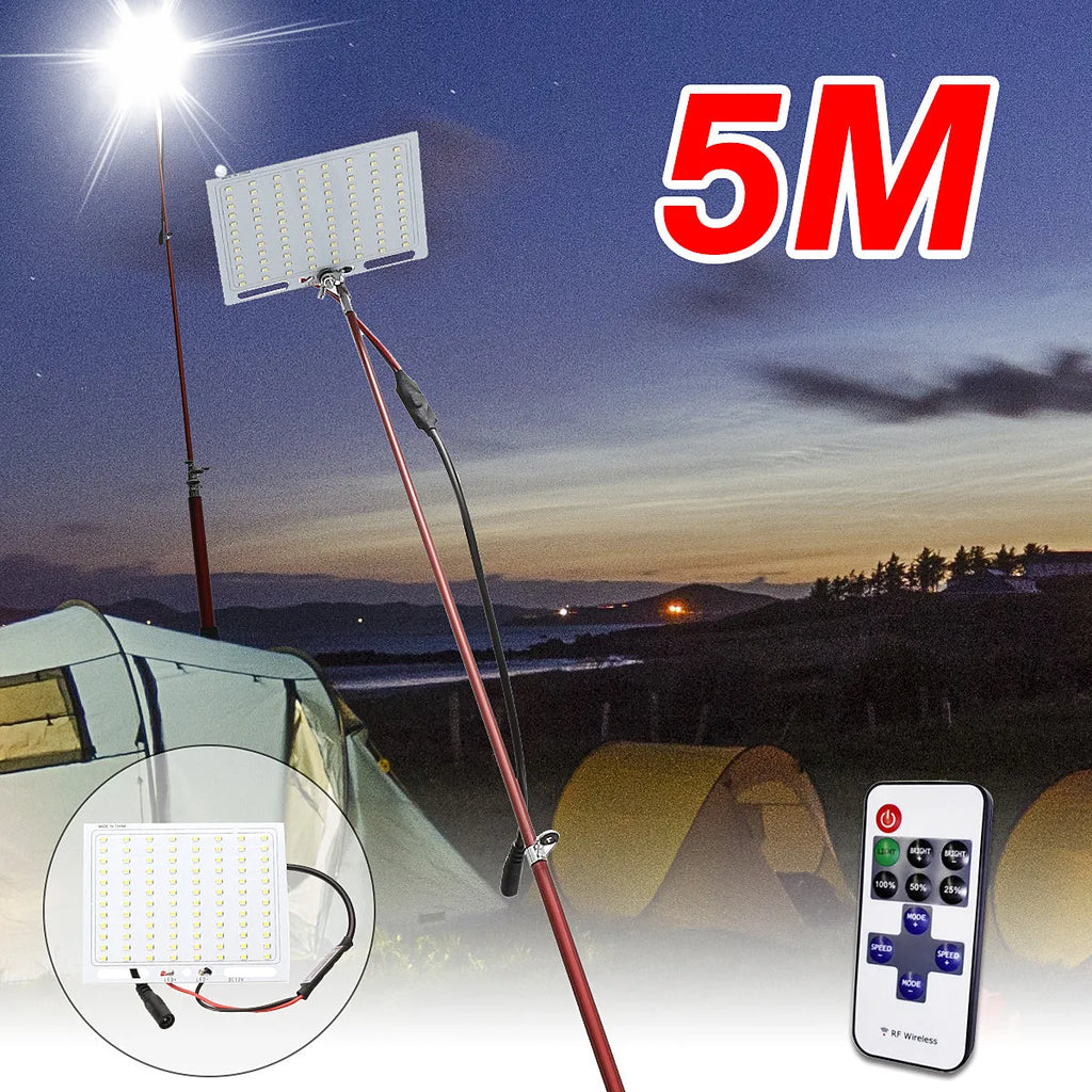 LED fishing rod light with remote controller on 5 metre telescopic pole for outdoor lighting