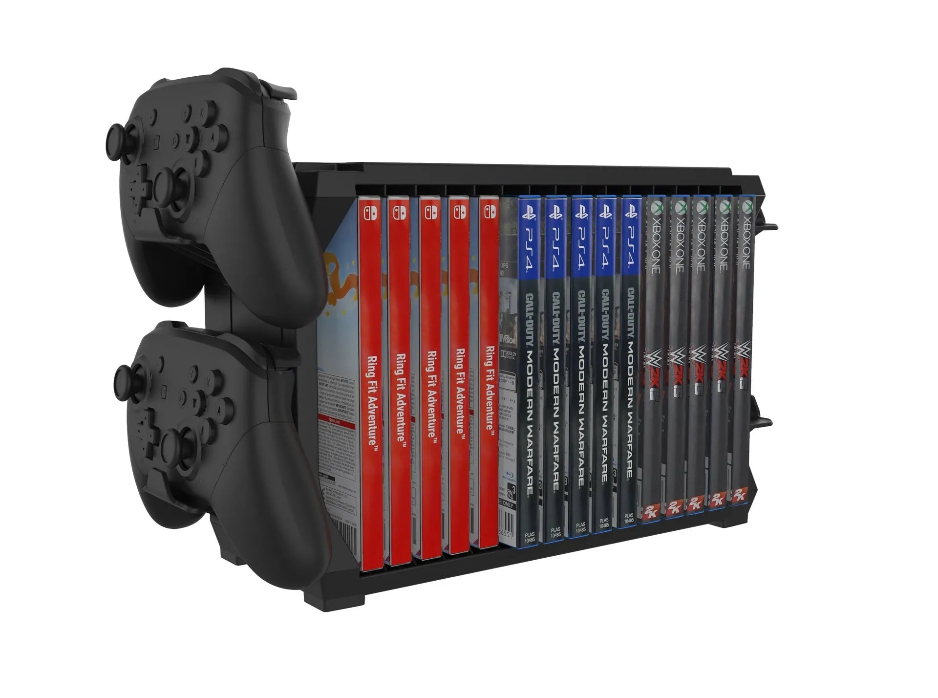Black PS5 disc holder stand storing game cartridges and four controllers