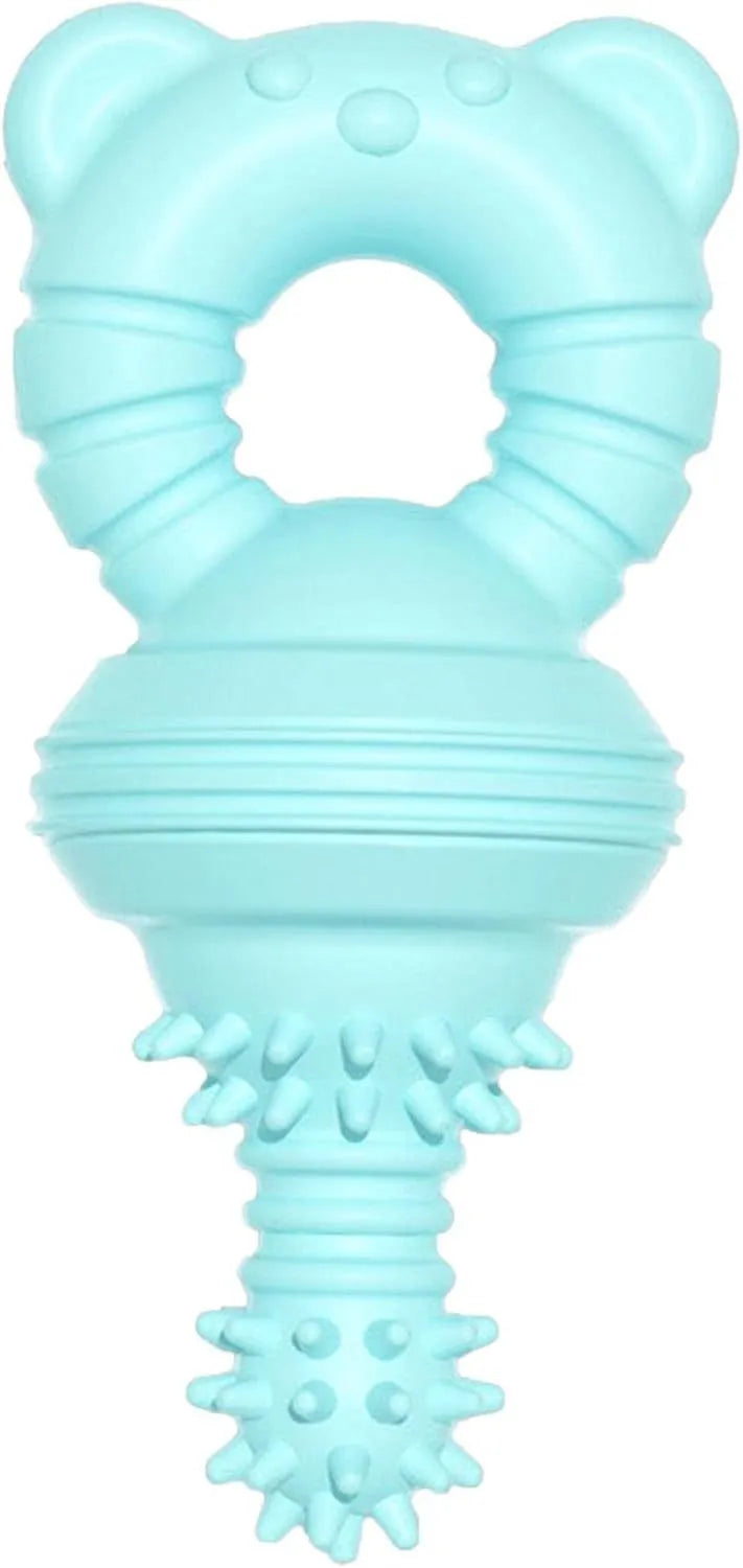 Blue rubber dog chew toy with textured surface for teeth cleaning, shown next to a tape measure.