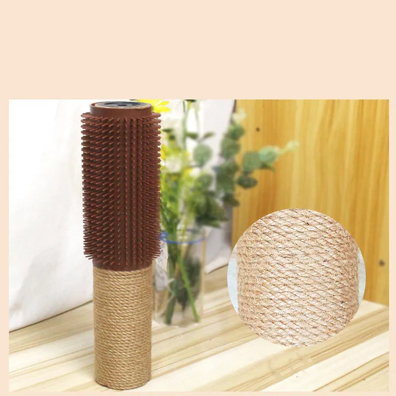 Brown sisal fibre cat scratching post on a wooden floor.
