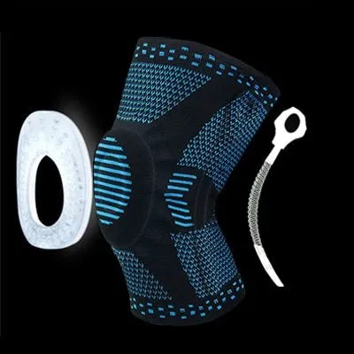Knee patella protector brace with silicone knee cushion and side springs, adult sports knee pad in black and grey