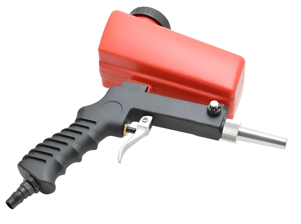 Portable pneumatic sandblasting gun with tank, shown in blue finish.