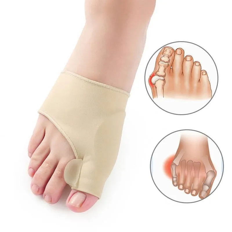Corrective bunion sock with grey gel pad and silicone toe separator on a stretch fabric base.