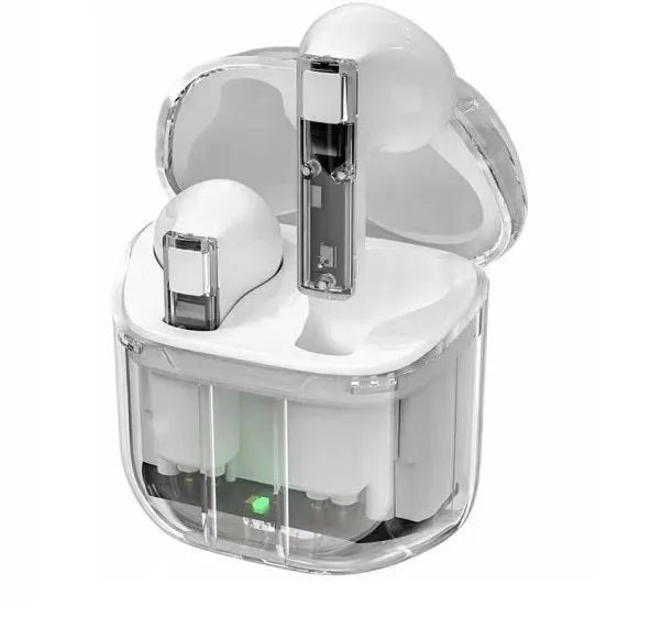 Transparent space capsule case true wireless Bluetooth headset in black, white, light blue, green, or peach colours