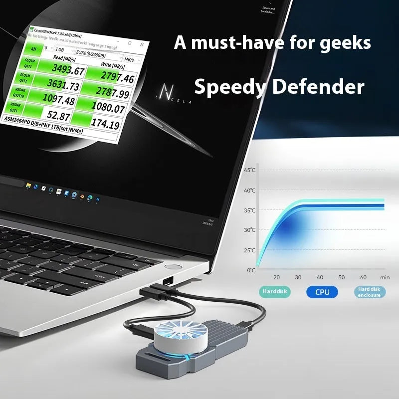 USB4 aluminium external hard drive enclosure for NVMe M.2 SSDs showing compact dimensions