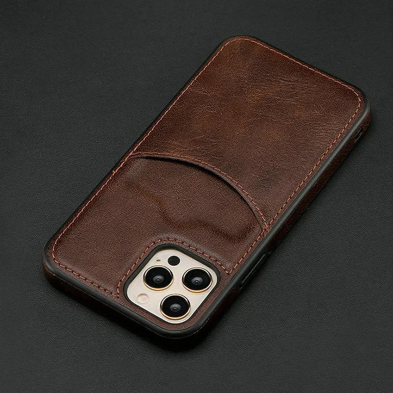 Dark blue PU leather protective case for iPhone showing front and back views